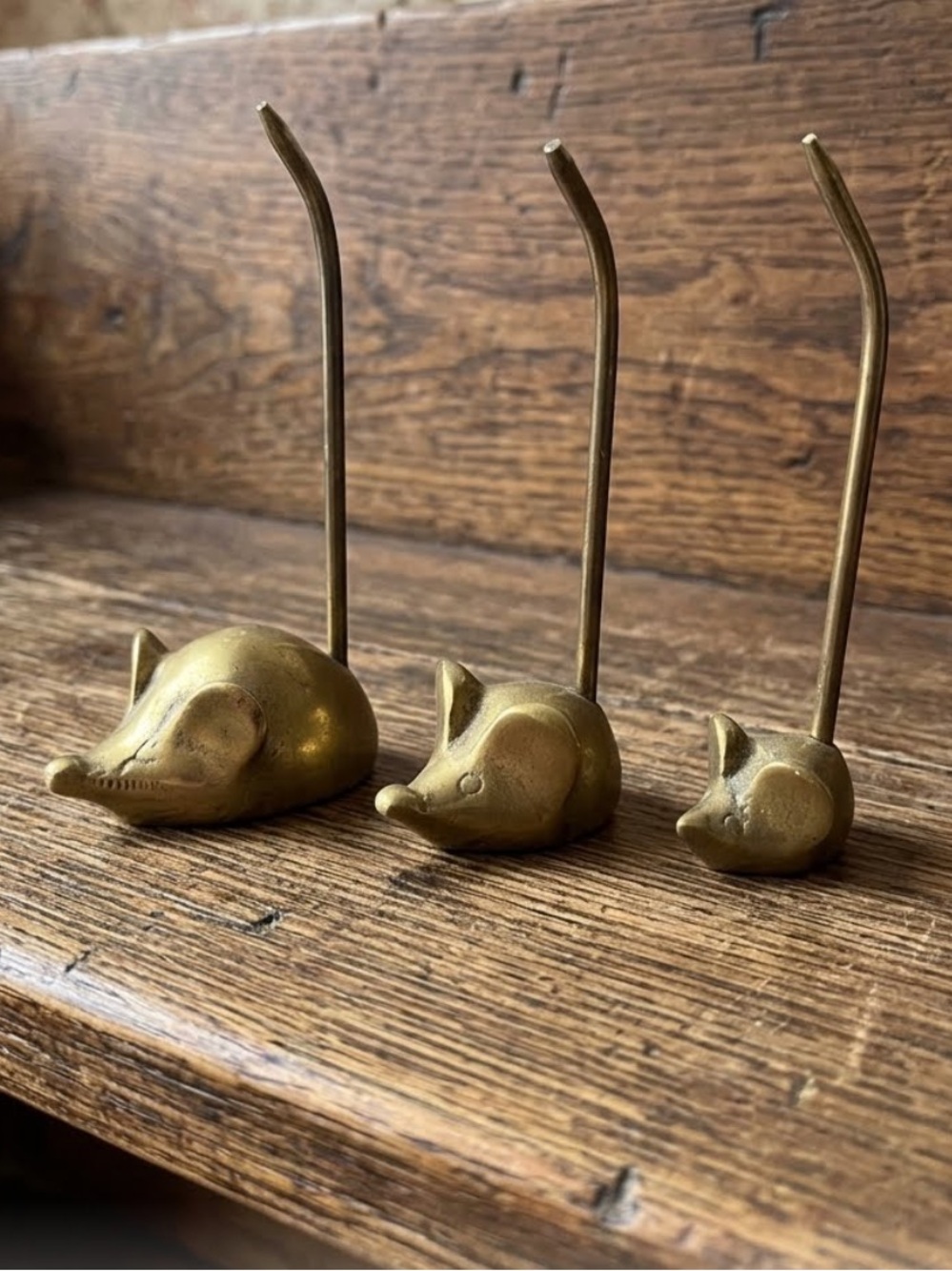 Vintage BRASS LONG tail Mouse receipt holders. Set of 3. Display on shelf.